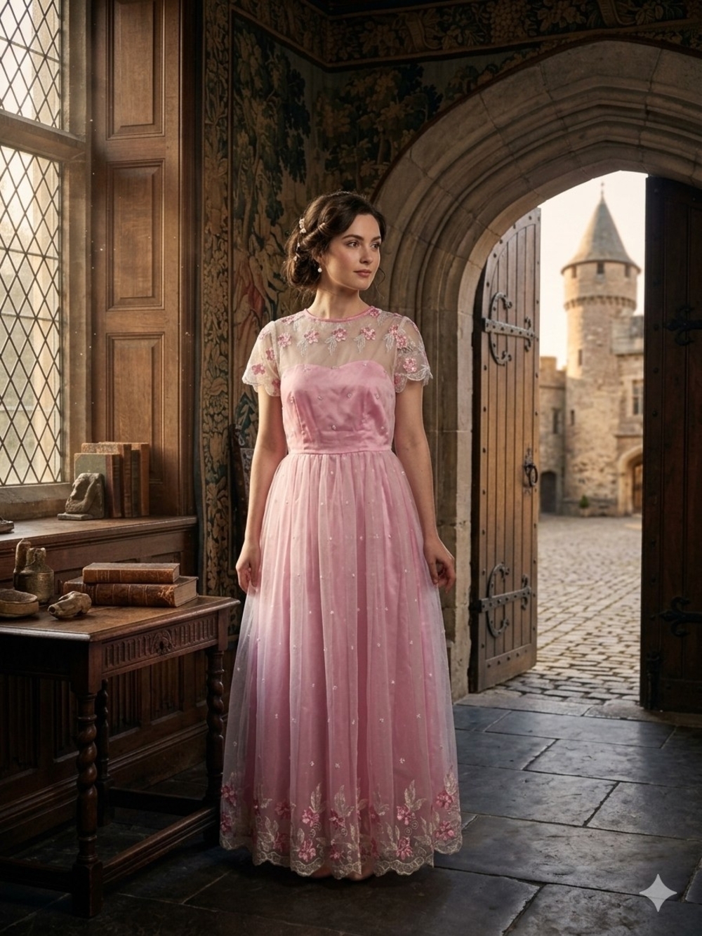Vintage Inspired Elegant Pink Embroidered Overlay Evening Dress